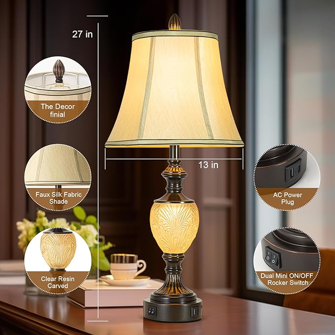 27'' High Vintage Table Lamp Set of 2 for Living Room Farmhouse Bedside Lamp with Fabric Shades Boho Nightstand Lamp with USB and Nightlight for Bedroom Home Office Hotel Bar (Bulb Included)