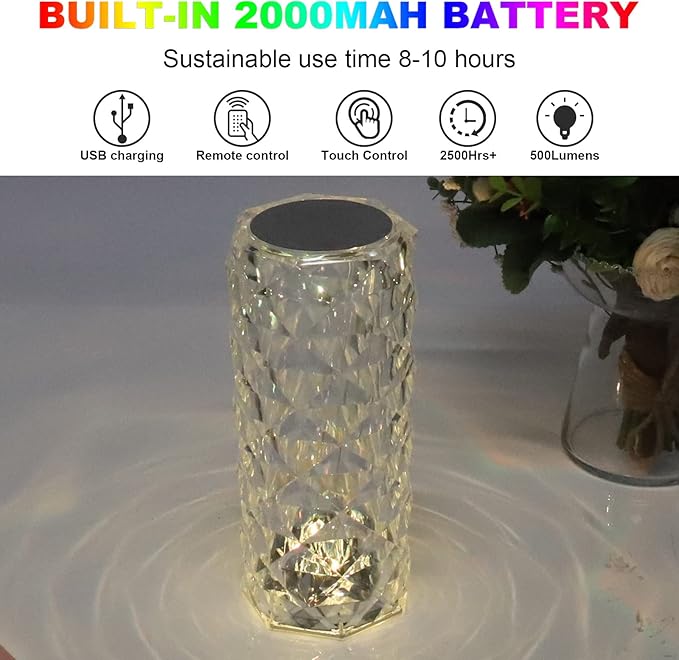 MIFXIN Crystal Table Lamp RGB 16 Colors Changing Remote Control Rose Diamond Crystal Lamp USB Charging Touch Light Decorative Acrylic Led Desk Lamp for Bedroom Living Room Dinning Table Decor