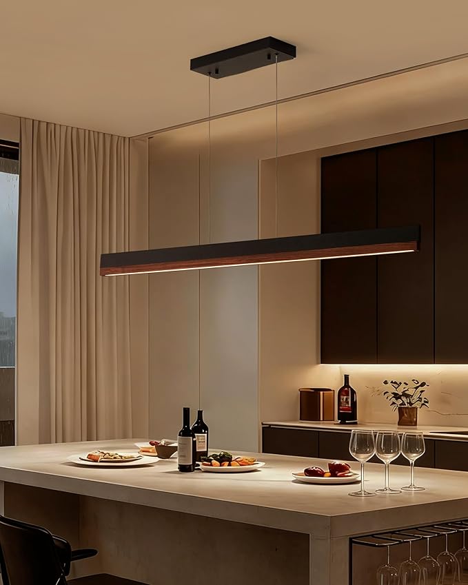 59" Wood Linear Pendant Light, Modern 24W LED Dimmable Linear Chandelier, Farmhouse Pendant Light with Remote, Wood Hanging Chandelier for Dining Room, Kitchen Island, Bar, Office-Walnut