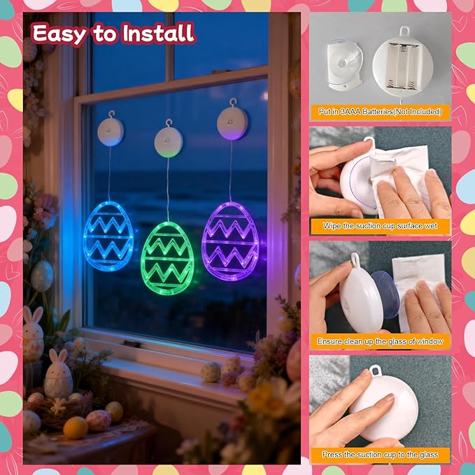 Easter Window Lights Decorations, 3 Pack Easter Hanging Window Decor Purple Green Blue Egg Lights with Suction Cup, Indoor Battery Operated Egg LED Holiday Lamp for Door Window (Purple Green Blue)