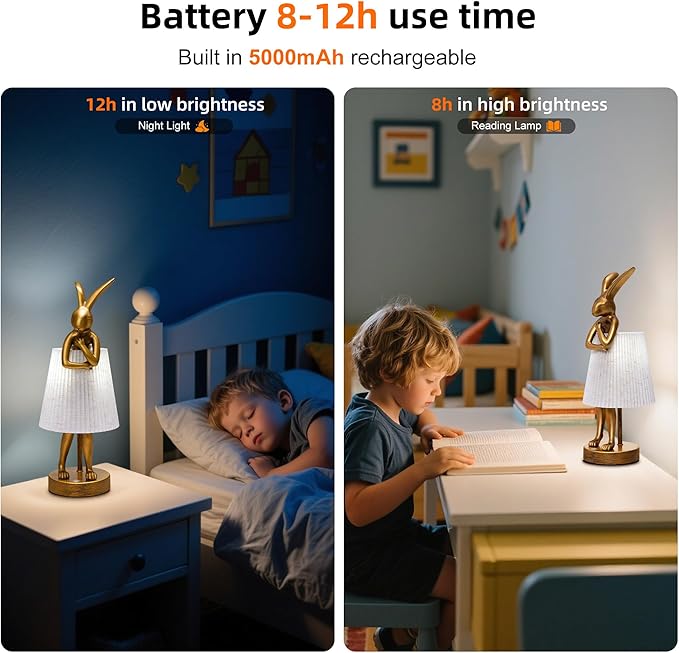 Bunny Cordless Table Lamp with 5000mAh Battery,Rechargeable Resin Rabbit Lamp with Pleated Shade Stepless Dimmable LED Small Cute Animal Light for Kids Room Home Decor Adult Gift(Pattern)