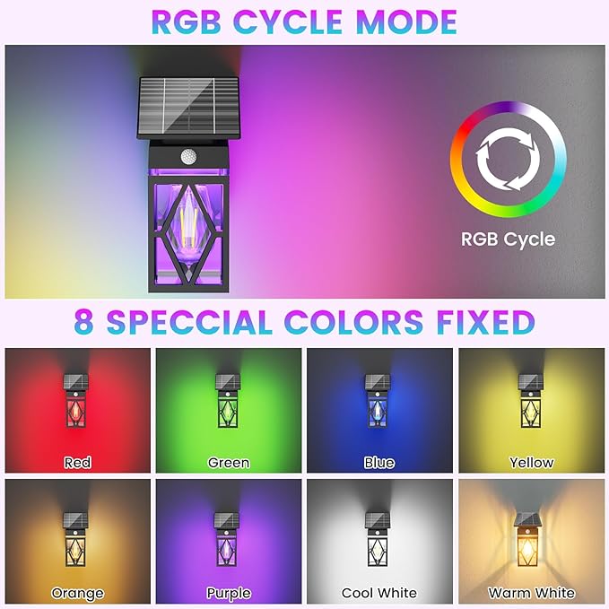 RGB Solar Wall Lights Outdoor 2 Pack, Dusk to Dawn & Motion Sensor Porch Light with Diamond Shape, 10 Modes (RGB Cycle/Fixed) IP65 Waterproof, E26 Bulb Exterior Sconce for Front Porch, Garage, Patio