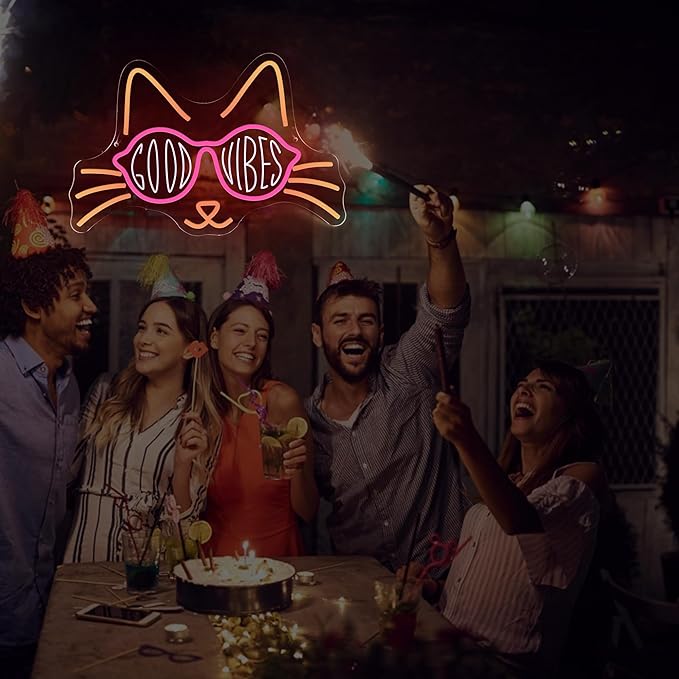 Cat Neon Sign GOOD VIBES LED Neon Light Sign for Wall Decor, Cute Kitty Neon Signs for Bedroom, Bar, Party, Game Room, Living Room, Aesthetic Home Decoration