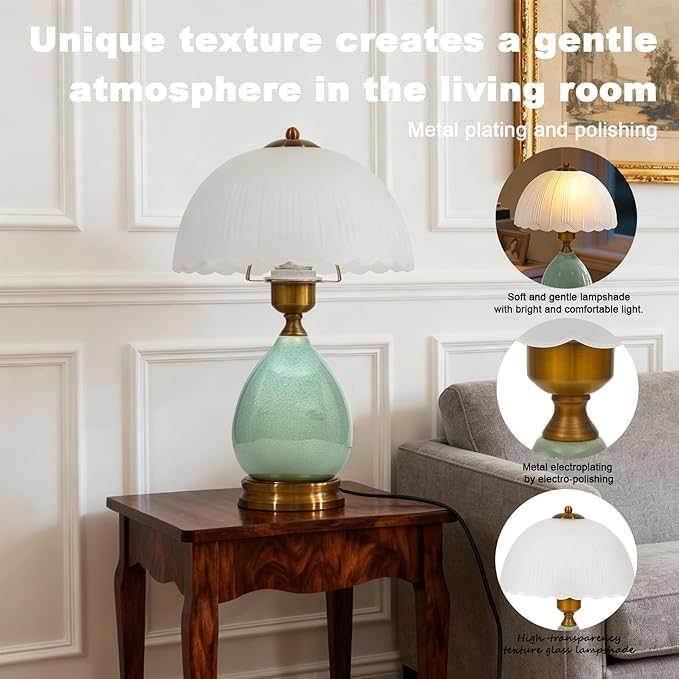 Ceramic Table Lamp – Chinese Traditional Green Bedside Lamp with 3-Color Dimmable LED, Retro Modern Living Room Bedroom