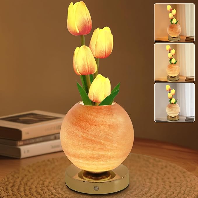 Tulip Table Lamp, Rechargeable Cordless Touch Dimming Artificial Tulip Flower Desk Lamp, LED Flower Bedside Night Light Romantic Gifts for Girl Women Mom (Orange)