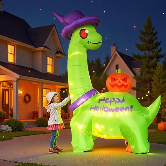 14 FT Halloween Inflatable Dinosaur Decor with Witch Hat & Pumpkin, Giant Lighted Yard Decoration for Outdoor Lawn Garden Party