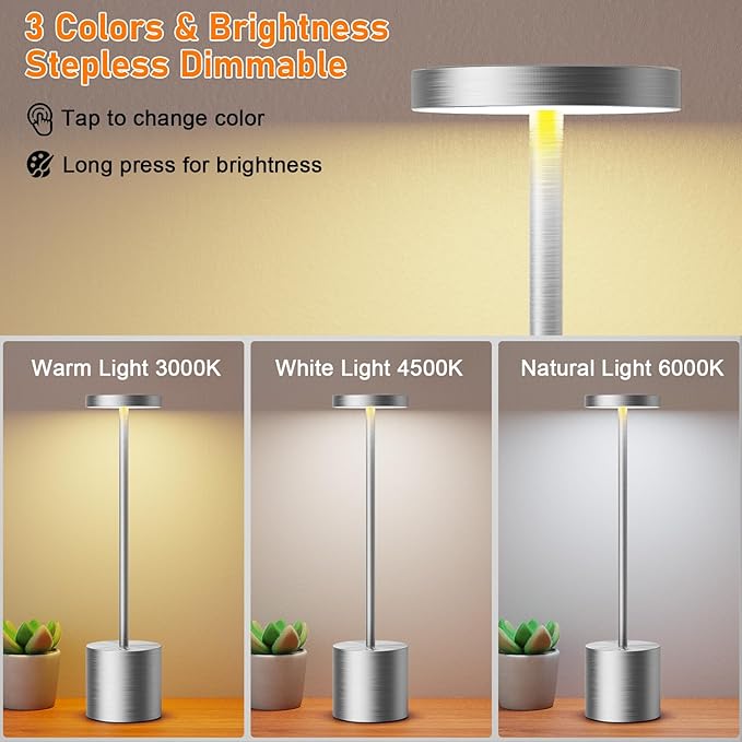 SAKRINGT Cordless Table Lamps Rechargeable,6000mAh Portable Battery Operated LED Table Light for Restaurant Outdoor 2 Pack Silver