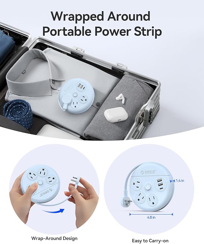 ORICO Travel Power Strip, 4Ft Flat Plug Extension Cord with 3 AC Outlets and 2 USB-A and 1 USB-C Charging Ports, Non-Surge Protector, Travel Essential for Cruise/Home/Office, Blue-OR