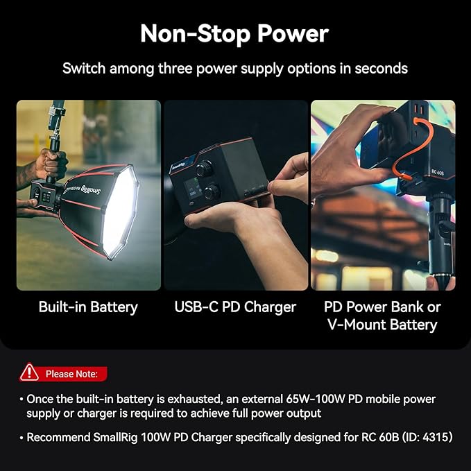 SmallRig RC 60B COB Video Light, 49Wh Battery 45min Runtime, 63W 11200lux CRI 97+ Bicolor LED Video Light, Portable Palm-Sized Continuous Output Light, for Photography/Video/Studio, Mobile Version