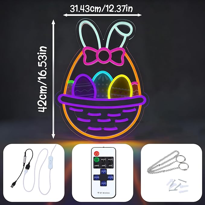 16 In Easter Egg Basket Neon Sign with Bunny Dimmable Bow Egg Basket Led Sign Neon for Wall Decor for Window Party Gifts Bedroom Holiday Spring Bar Home Business Holiday