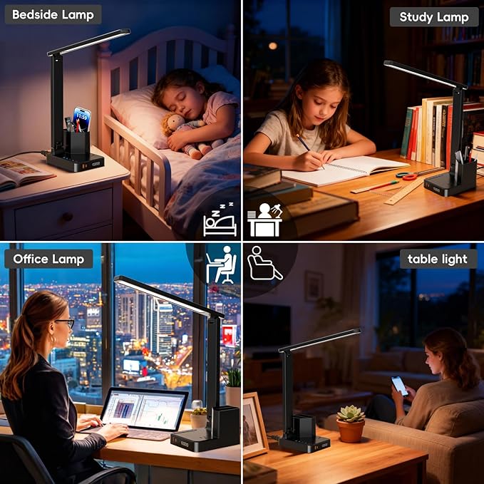 cozoo LED Desk Lamps for Home Office, Modern Dimmable Eye Caring Desk Light with USB Charging Ports AC Outlet, Pen Holder,Touch/Memory/Timer, Kids Small Table Lamp for Reading, Bedroom, Study, Craft