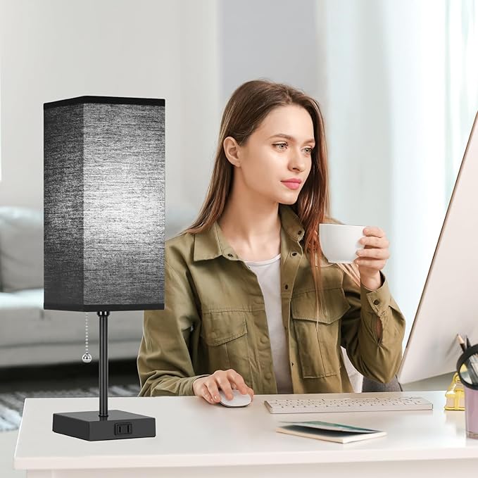 Table Lamp for Bedroom set of 2,3-Color Bedside Lamps with Pull Chain Table Lamps for Nightstand with AC Outlets,18'' Night Light Lamps with 2 Bulbs Lamps for Living Room Kids Office Decor（Black）