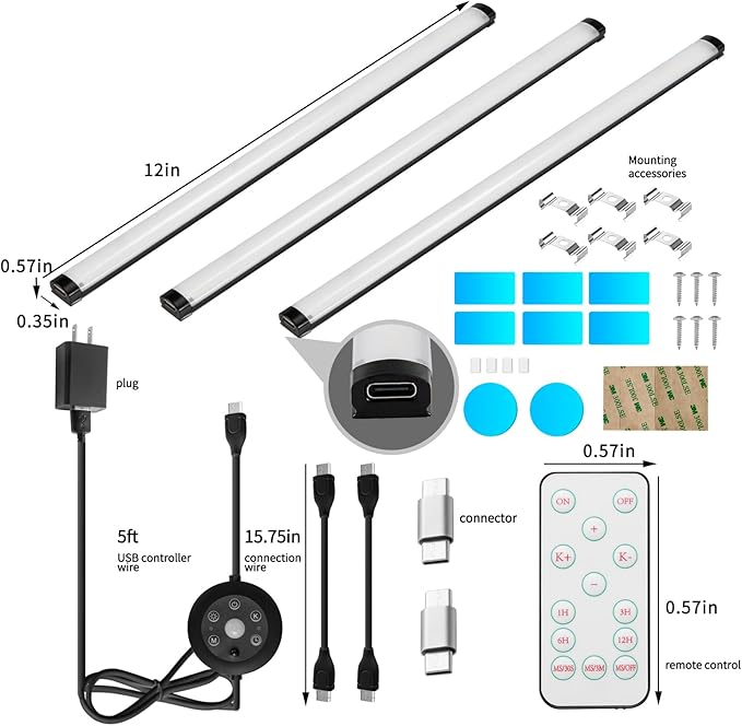 Black Plug in Under Cabinet Light bar with Motion Sensor, Dimmable, Remote Control,Color and Brightness Adjustable, Magnet LED Strip Lights for Kitchen, Workbench, and Closet 3 Pack