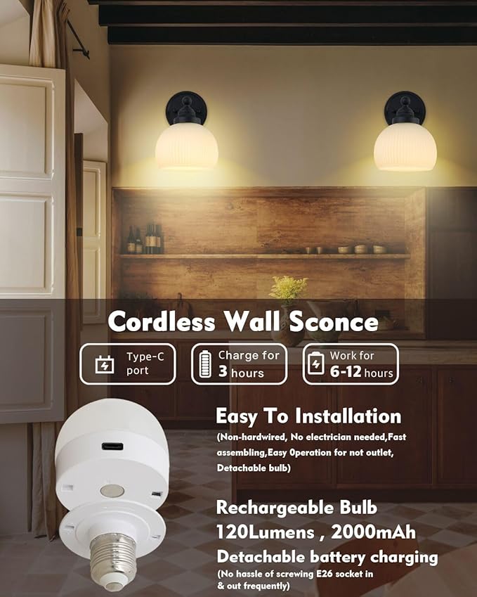 HEQIQEH Vintage Rechargeable Battery Operated Sconce Wall Lighting with Remote Control, Dimmable Ribbed White Glass Shade Wall Mounted Lamp Fixture for Bedroom Vanity Bathroom Living Room