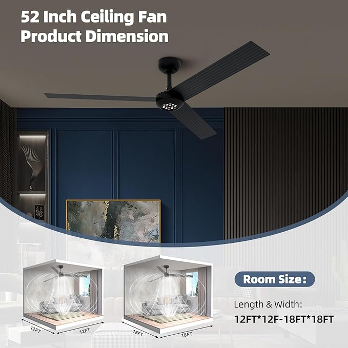 TALOYA 52 inch Modern Ceiling Fan with Lights,Remote Control,3 Metal Blades,Black Finish,6-Speed,Dimmable, Noiseless Reversible DC Motor,Indoor/Outdoor Ceiling Fan for Living Room Bedroom patio