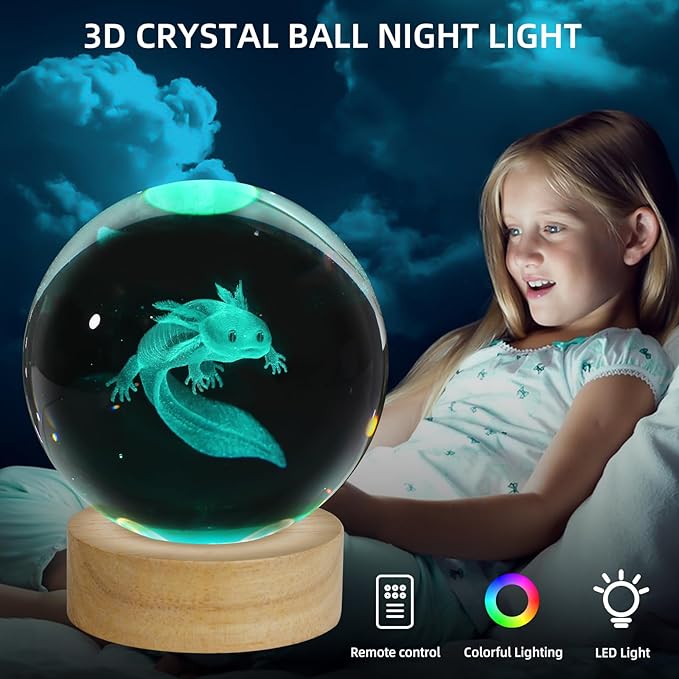 3D Axolotl Crystal Ball Night Light, Upgraded 3.15 Inch Glass Ball Lamp with 16 Color LED Wooden Base, Axolotl Decor Birthday Holiday Christmas Axolotl Gifts for Boys Girls Friends