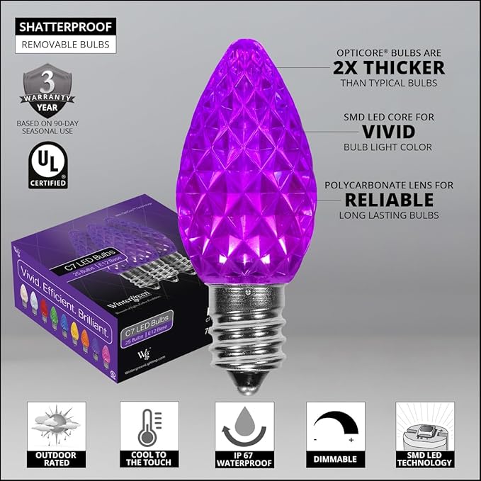 25 C7 OptiCore Purple Commercial Christmas Lights LED Heavy Duty Halloween Decorations; 18-Gauge Green Wire (25 ft)