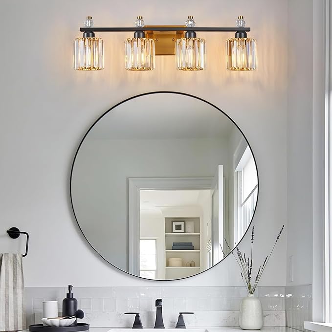 Bathroom Vanity Lights 4-Light Black Gold Modern Crystal Vanity Light Fixtures Over Mirror Crystal Bathroom Vanity Lighting Fixtures