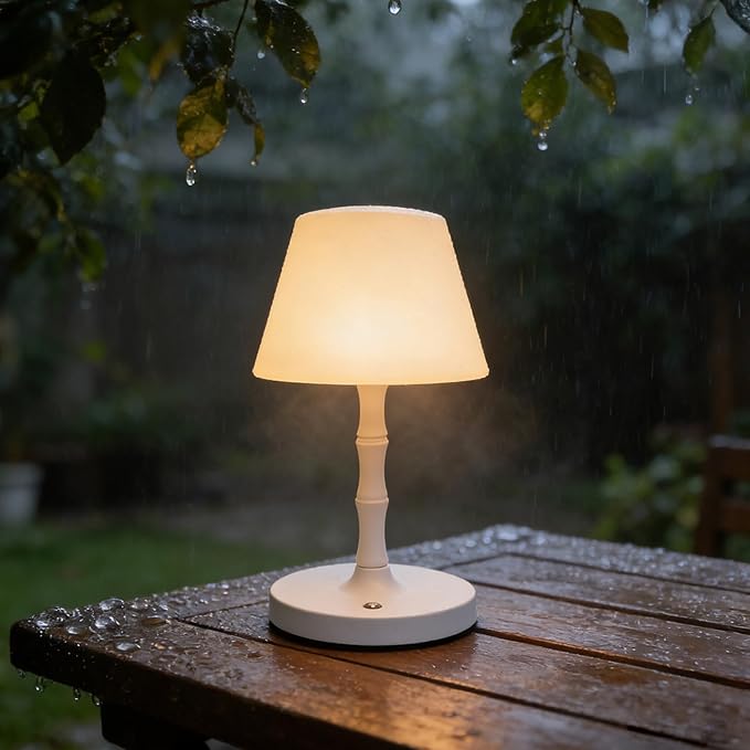 Wireless rechargeable battery LED table lamp, with 3 adjustable light levels, waterproof, suitable for bedroom, office, outdoor, camping, and bathroom decoration, featuring a wood-grain design (white)