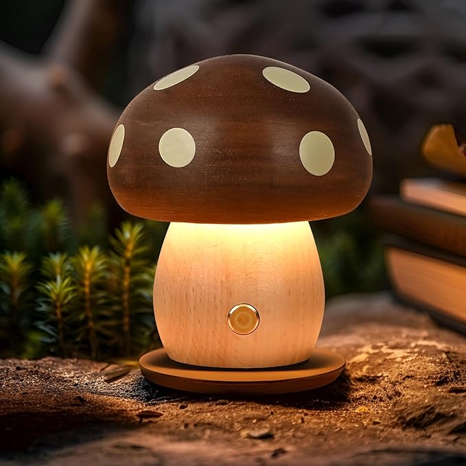 Wooden Mushroom Lamp - Rechargeable Touch Mushroom Light, Aesthetic Bedside Night Light Nature Decor Creative Gifts (Ebony + Beech)