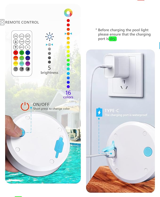 SUNDISC Rechargeable Submersible Pool Lights with Remote, IP68 Waterproof Underwater Charging Battery Operated Controlled 16 Color Changing LED with Magnet Floating Lights 2 Packs
