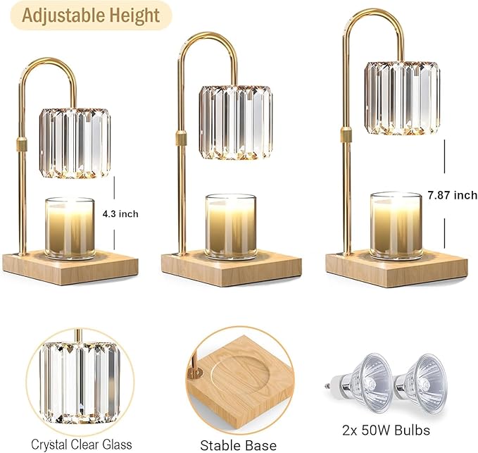 Candle Warmer Lamp with Timer, Dimmable Electric Candle Wamer Adjustable Height, Glass Modern Candles Melter Lamp, Gifts for Women Mom, Clear