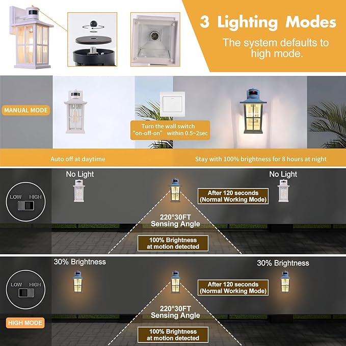 Outdoor Motion Sensor Light, Black Exterior Wall Lighting Fixtures,Dusk to Dawn Motion Sensor Outdoor Lights, Waterproof Front Porch Light Lantern for Garage, Patio. (White, 2 Pack)