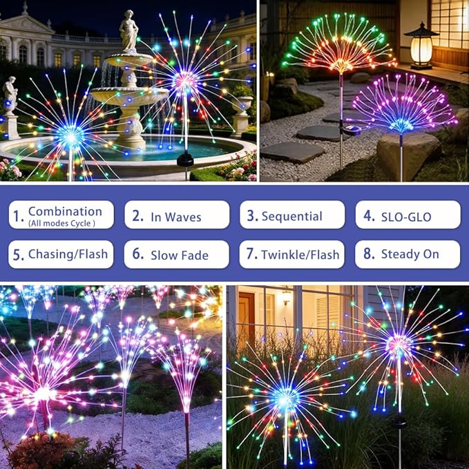 Solar Fireworks Lights for Outside, 150LED 8 Modes Fireworks Solar Lights Outdoor, Fairy Garden Flowers for Yard Pathway Wedding Party Christmas Diwali Garden Decor 2Pack (Multicolor)