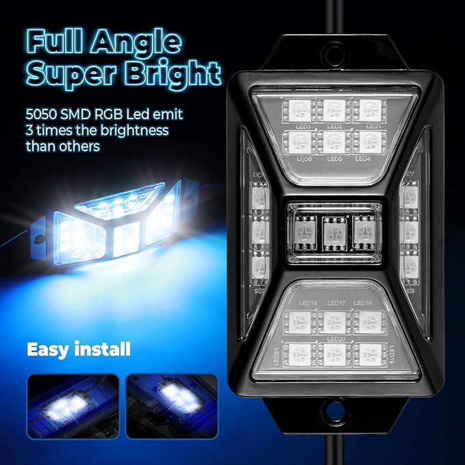12 Pods Full Angle RGB Rock Lights Compatible with 12V Trucks Jeep UTV SUV ATV Boat Golf Cart, Waterproof Multi-Color, App/Remote Control Led Rock Lights with Music Mode