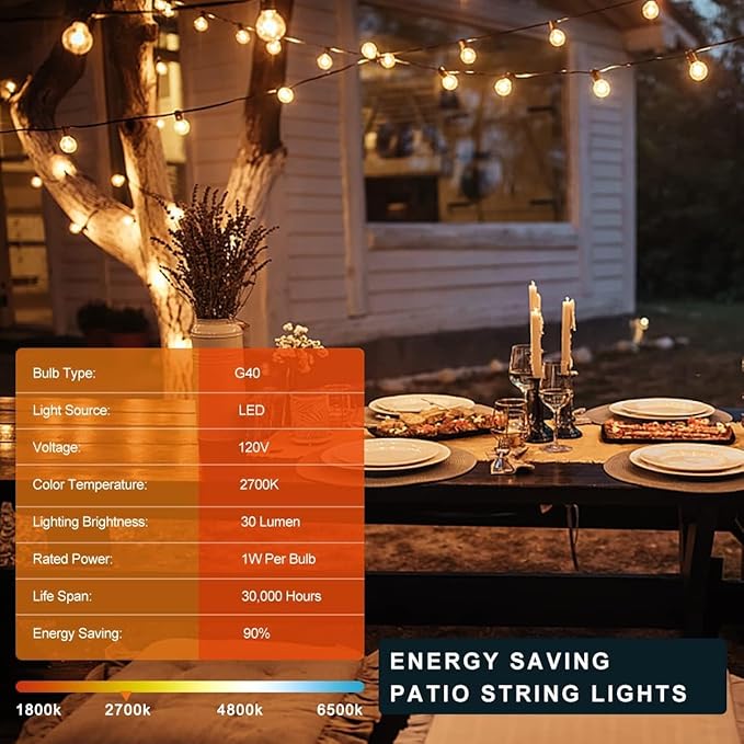 Kawaya Outdoor String Lights 50 FT LED Patio Light with 25+2 Shatterproof Edison Globe Bulbs - IP65 Waterproof Dimmable Hanging Lights - 2700K Warm White Lighting for Outside Porch Deck Bistro Cafe