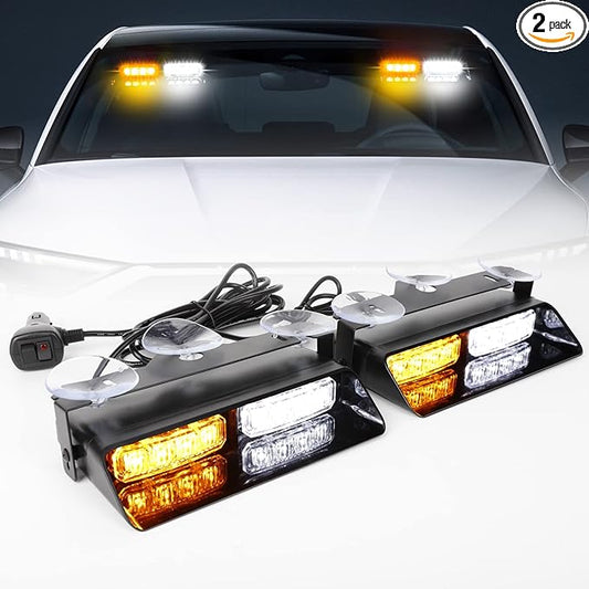 White Amber 2 In 1 LED Emergency Dash Strobe Lights, 16 Flashing Modes 12V Interior Shield Traffic Advisor Safety Hazard Warning Lights with Suction Cups for Vehicles Trucks (Yellow＆White)