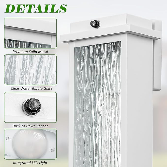 White LED Dusk to Dawn Outdoor Lighting 2 Packs, 16" Large Outside Farmhouse Wall Lantern, Industrial Porch Wall Mount Light Fixture with Rippled Glass, Waterproof Modern Exterior Sconce Lamp