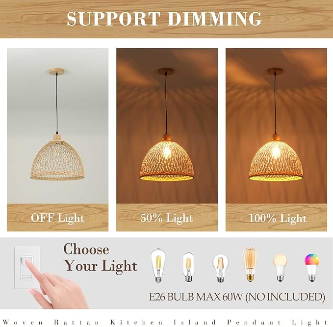 Hand-Woven Rattan Pendant Light, 16 Inch Boho Wicker Lights Fixture Wite Adjustable Cable, Coastal Hanging Lighting for Kitchen Island Dining Room Living Room Entrance Foyer