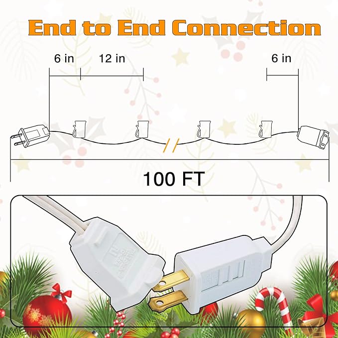 100FT C7 Light String Christmas Stringer, E12 Christmas Sockets 12" Spacing, C7 Stringer Set Green Outdoor String Light for Wedding Patio Event Lighting Decor, White Wire