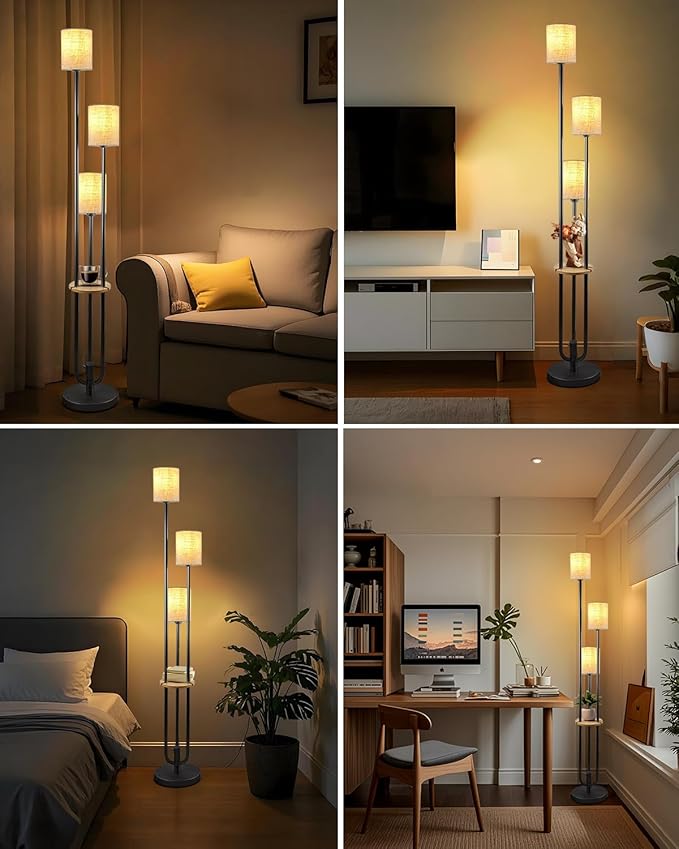 63IN Dimmable Floor Lamp with Shelf, Unique Black Tall Standing Lamps with Table, 3000K Warmwhite Mid Century Modern Floor Lamp for Living Room/Bedroom (Bulbs Included)