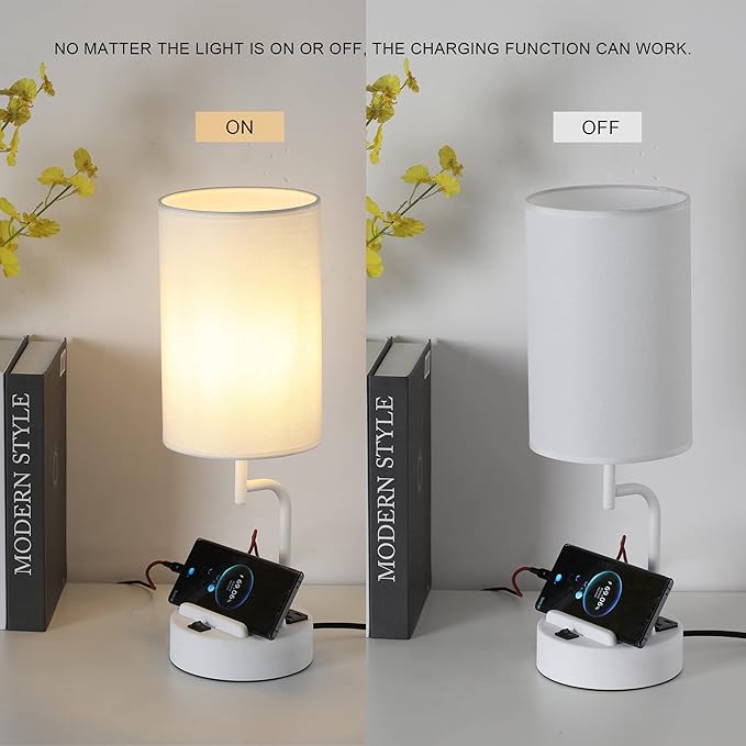 Dreamholder Table Lamp with 3 USB Charging Ports, Modern Desk Lamp with AC Outlet and Phone Stands, Perfect Bedside Lamp for Bedroom, Living Room, Office (Pack of 2), White