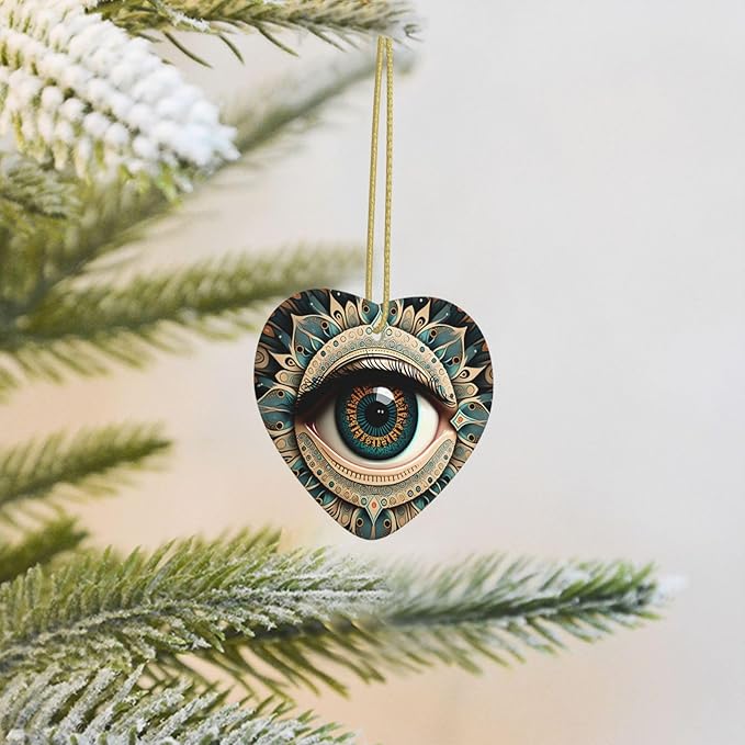 Ethnic Flowers Eye of Evil Christmas Ornaments, Christmas Decorations Xmas Tree Hanging Ornaments, Heart-Shaped Ceramic Festive Keepsake Gift for Christmas Decorations Holiday Home Party