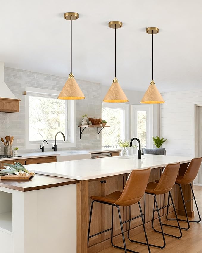 1 Pack Wood Pendant Lights Kitchen Island, 8.3” Small Pendant Light, Adjustable Gold Height Kitchen Hanging Light, Nordic Island Lights for Dining Room, Bedroom, Hallway, Bar(Natural Wood)