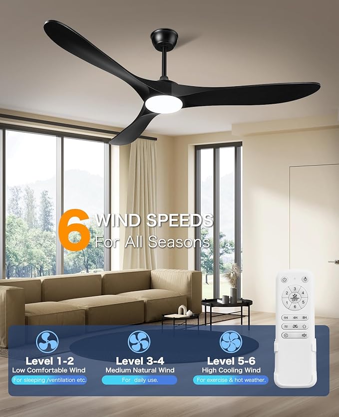 Ceiling Fans with Lights and Remote, 3 Solid Wood Blades, Outdoor Wooden Ceiling Fan with 2 Downrods for Patios, 52 Inch Modern Ceiling Fan with Noiseless Reversible DC Motor (Black)