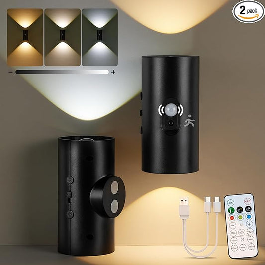 4,000mAh Rechargeable Motion Sensor Wall Lights with Remote, Wireless Adhesive Wall Light, Magnetic Sconce Battery Powered, 3 Colors Cordless Wall Mounted Light Dimmable for Room, 2 Pack