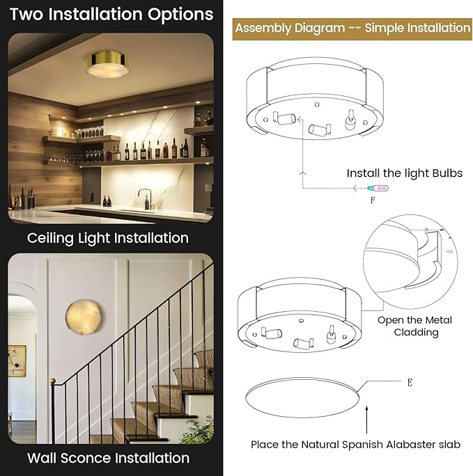Modern Alabaster Ceiling Light,14.17in Gold Round Alabaster Flush Mount Ceiling Lights,Hardwired Natural Marble Kitchen Lighting Fixtures Ceiling for Bedroom,Dining,Living Room,Foyer,E12 Bulb Included