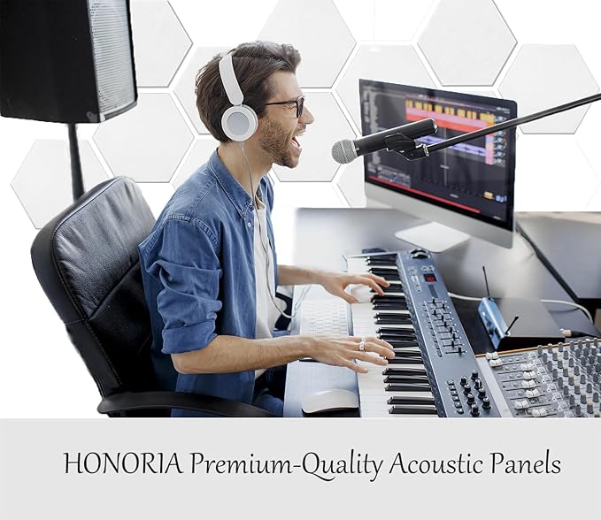 HONORIA 12-Pack Acoustic Panels, Soundproof Wall Panels, Hexagon Self-Adhesive 12"X10"X0.4, High Density Sound Dampening Panels - White