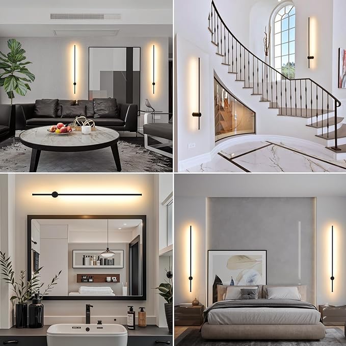 LED Wireless Wall Sconce with Remote Control, Dimmable/350° Rotate/Timing/USB Rechargeable Battery Powered Indoor Wall Lamps, 39.9 inch Black Wall Lights Set of Two for Hallway, Living Room, Bedroom