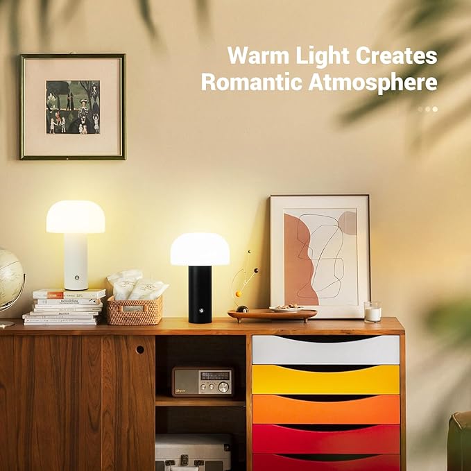 Cordless Mushroom Table Lamp Rechargeable,4000mAH Portable Battery Operated Lamp,3 Color Stepless Dimming Modern Lamps for Bedside Lamps,Touch Dimming Night Light for Home/Restaurant Black