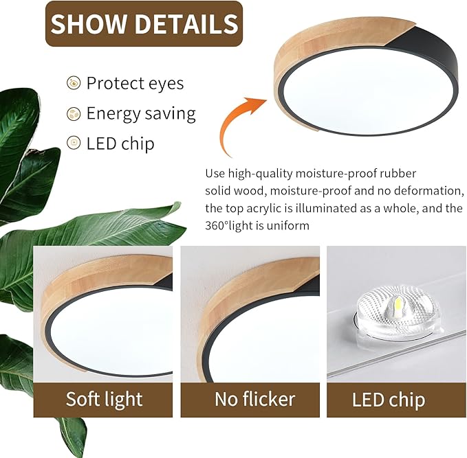 Modern LED Ceiling Light, 2 Pack Wood Flush Mount Ceiling Lights, LED Kitchen Lights Hallway Light Fixtures for Bedroom Laundry Room (Black,11.8",6000K)