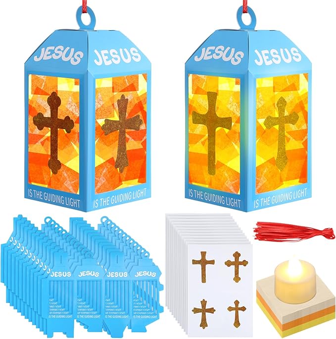 12 Sets Easter Crafts Religious Lanterns Crafts with LED Candles Lights Jesus Lights The Way Sunday School Tissue Paper DIY Oil Lamp Cross Hanging Ornament VSB Church Activity