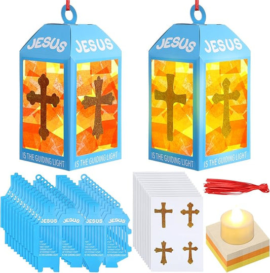 12 Sets Easter Crafts Religious Lanterns Crafts with LED Candles Lights Jesus Lights The Way Sunday School Tissue Paper DIY Oil Lamp Cross Hanging Ornament VSB Church Activity