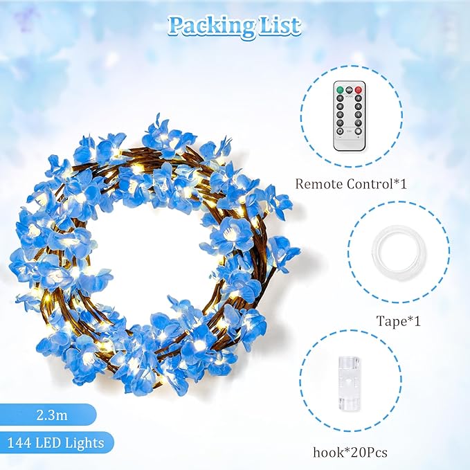Blue Cherry Enchanted Willow Vine Lights,4FT 48 LED Cherry Blossom Lights with Remote Timer,8 Lighting Modes,LED Tree Branch Light for Wall,Cherry Blossom Wall Decor for Bedroom Living Room Windows