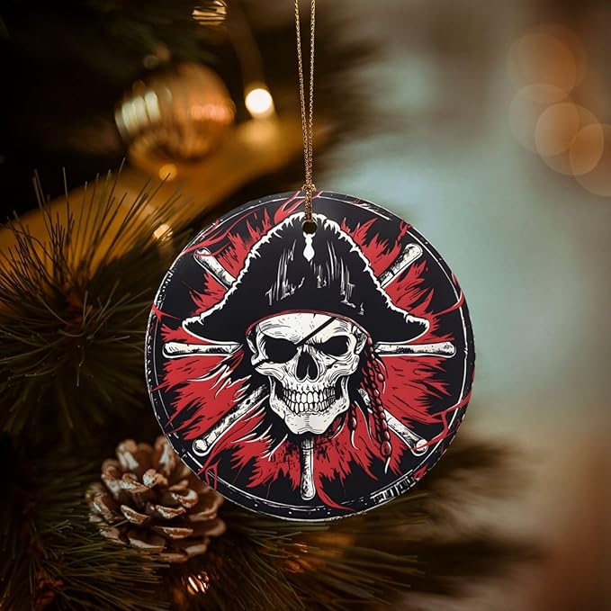 Retro Skull Pirate Christmas Ornaments, Christmas Decorations Xmas Tree Hanging Ornaments, Round Ceramic Festive Keepsake Gift for Xmas Decorations Holiday Home Decor
