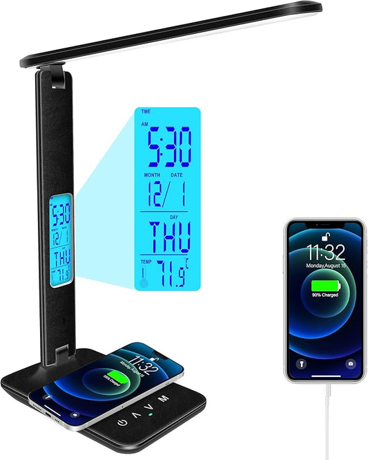 Desk Light with Wireless Charger, USB Charging Port, Dimmable Office Desk Lamp with Clock, Alarm, Date, Temperature, Foldable Lamp for Table Bedroom Bedside Office